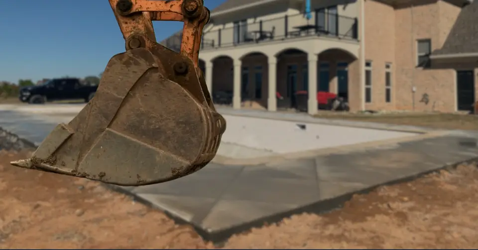 Excavator bucket at the start of a backyard pool dig with fresh concrete decking behind it