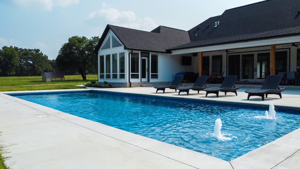 Aerial view of a custom pool and patio in Greenwood, Arkansas
